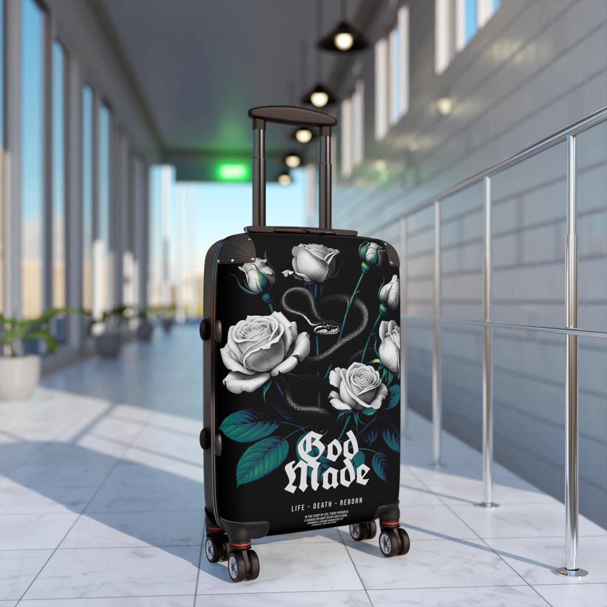 Rolling Suitcase — Gothic White Roses “God Made” Carry-On Luggage