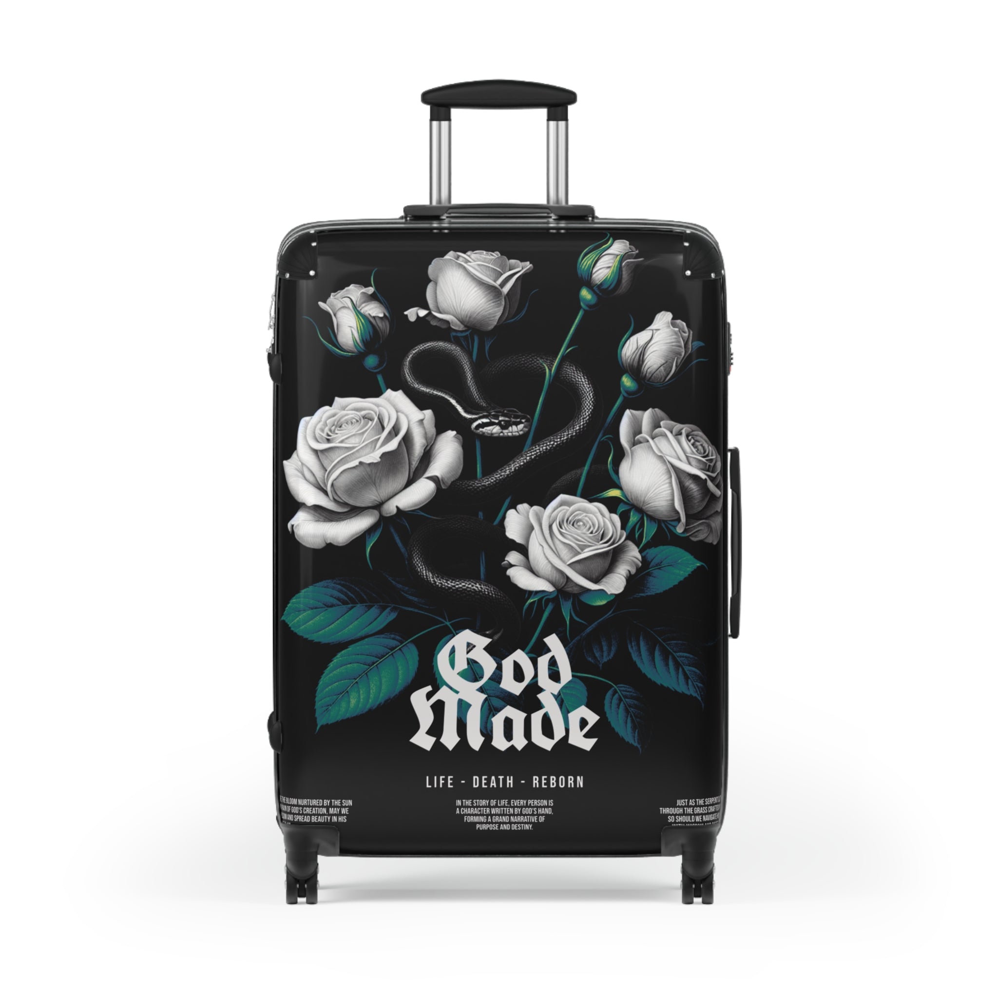 Rolling Suitcase — Gothic White Roses “God Made” Carry-On Luggage