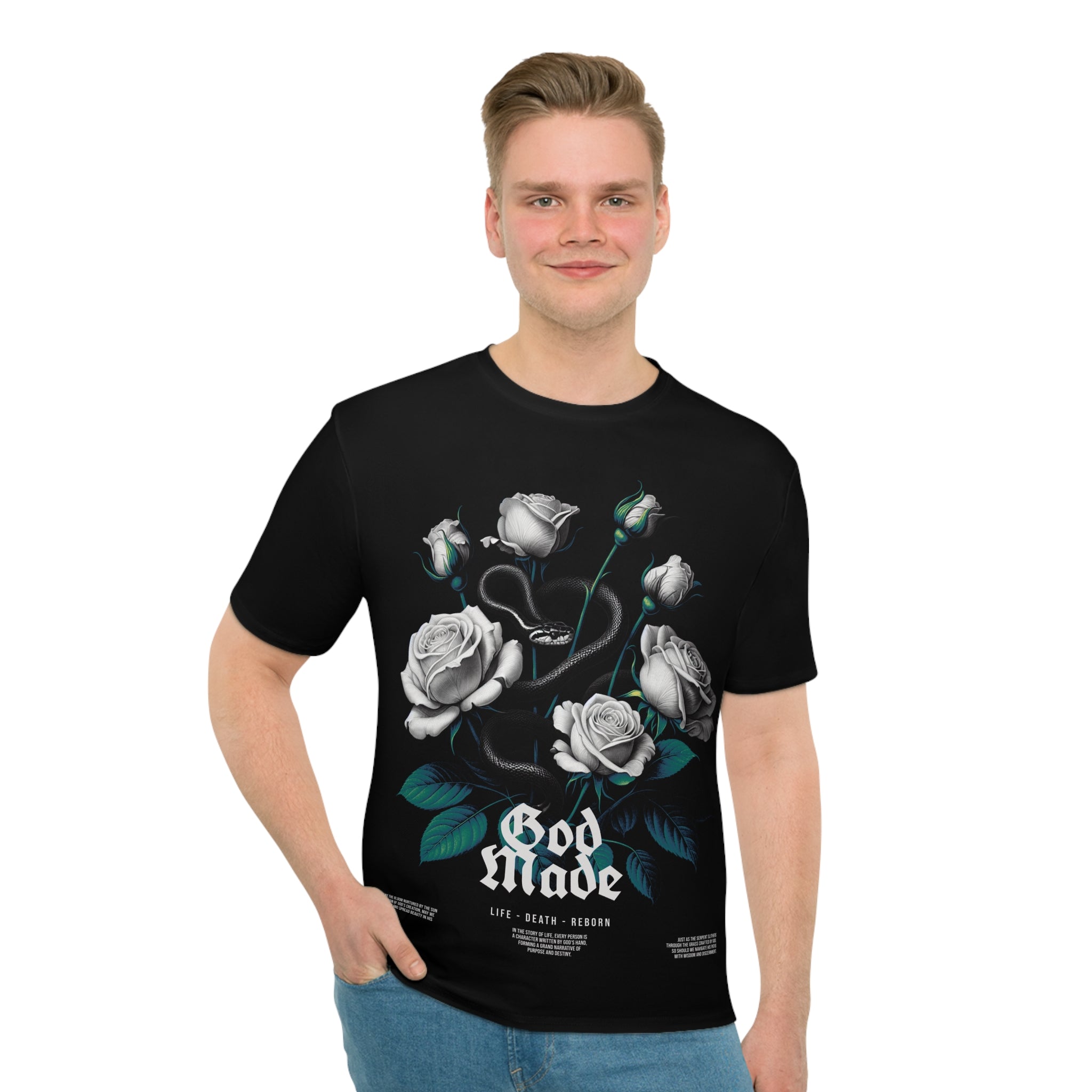 Black God Made Black Floral Tee Gothic White Roses Graphic T-Shirt
