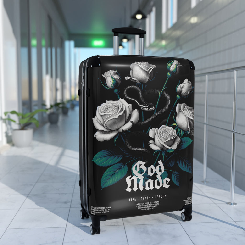 Rolling Suitcase — Gothic White Roses “God Made” Carry-On Luggage