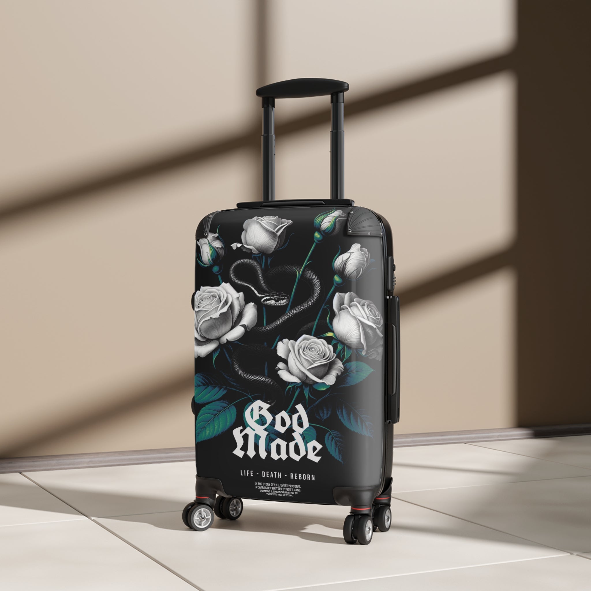 Rolling Suitcase — Gothic White Roses “God Made” Carry-On Luggage