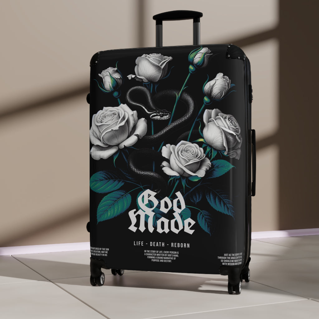 Rolling Suitcase — Gothic White Roses “God Made” Carry-On Luggage