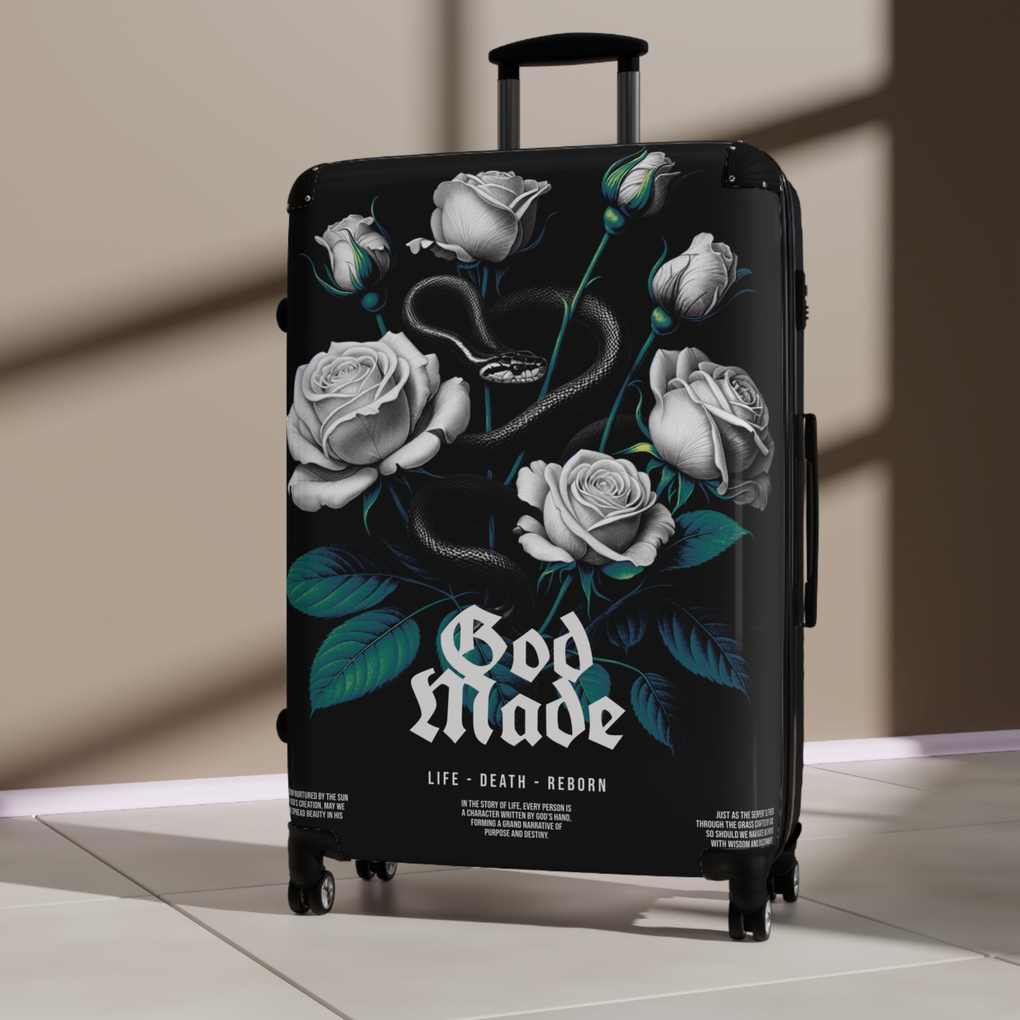 Rolling Suitcase — Gothic White Roses “God Made” Carry-On Luggage