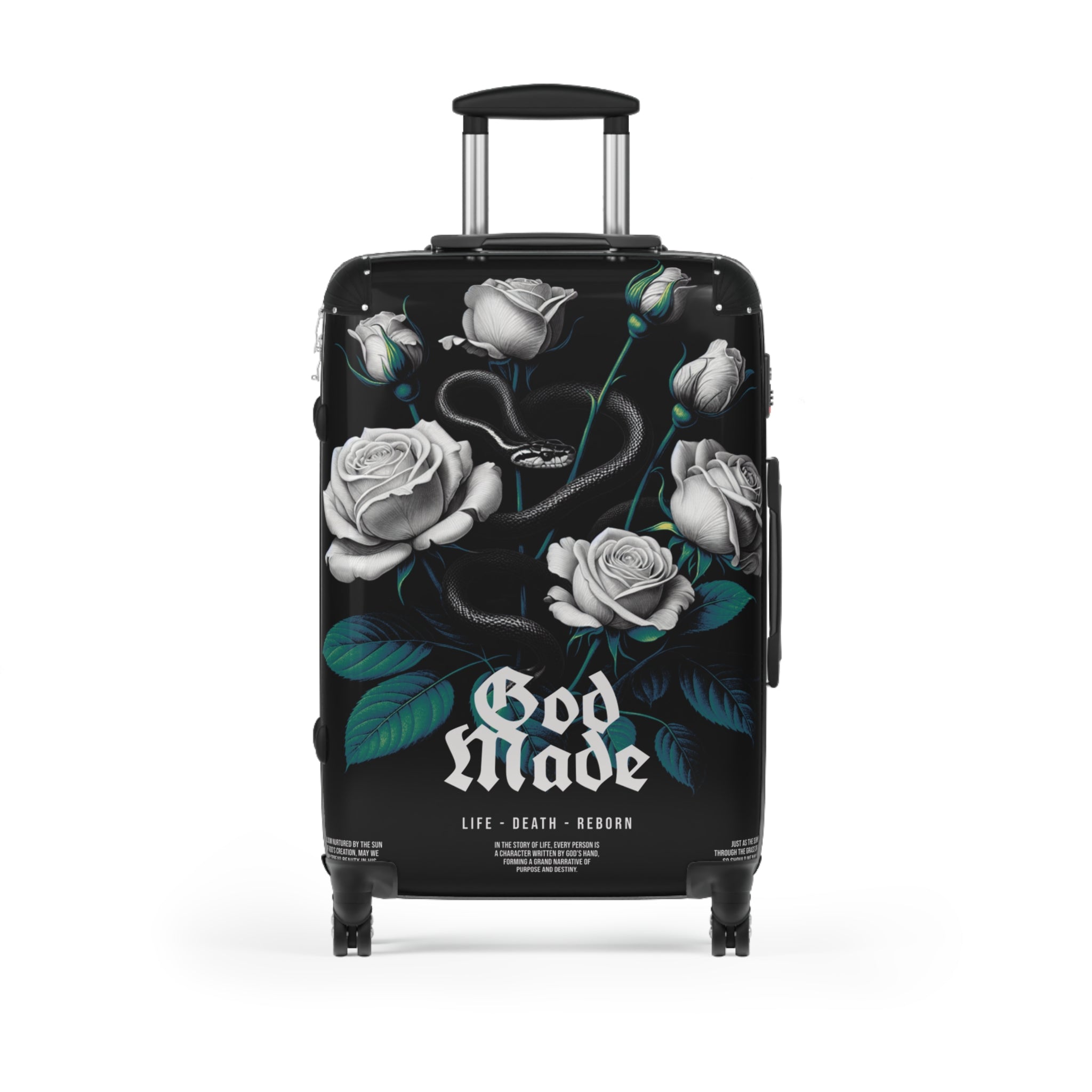Rolling Suitcase — Gothic White Roses “God Made” Carry-On Luggage