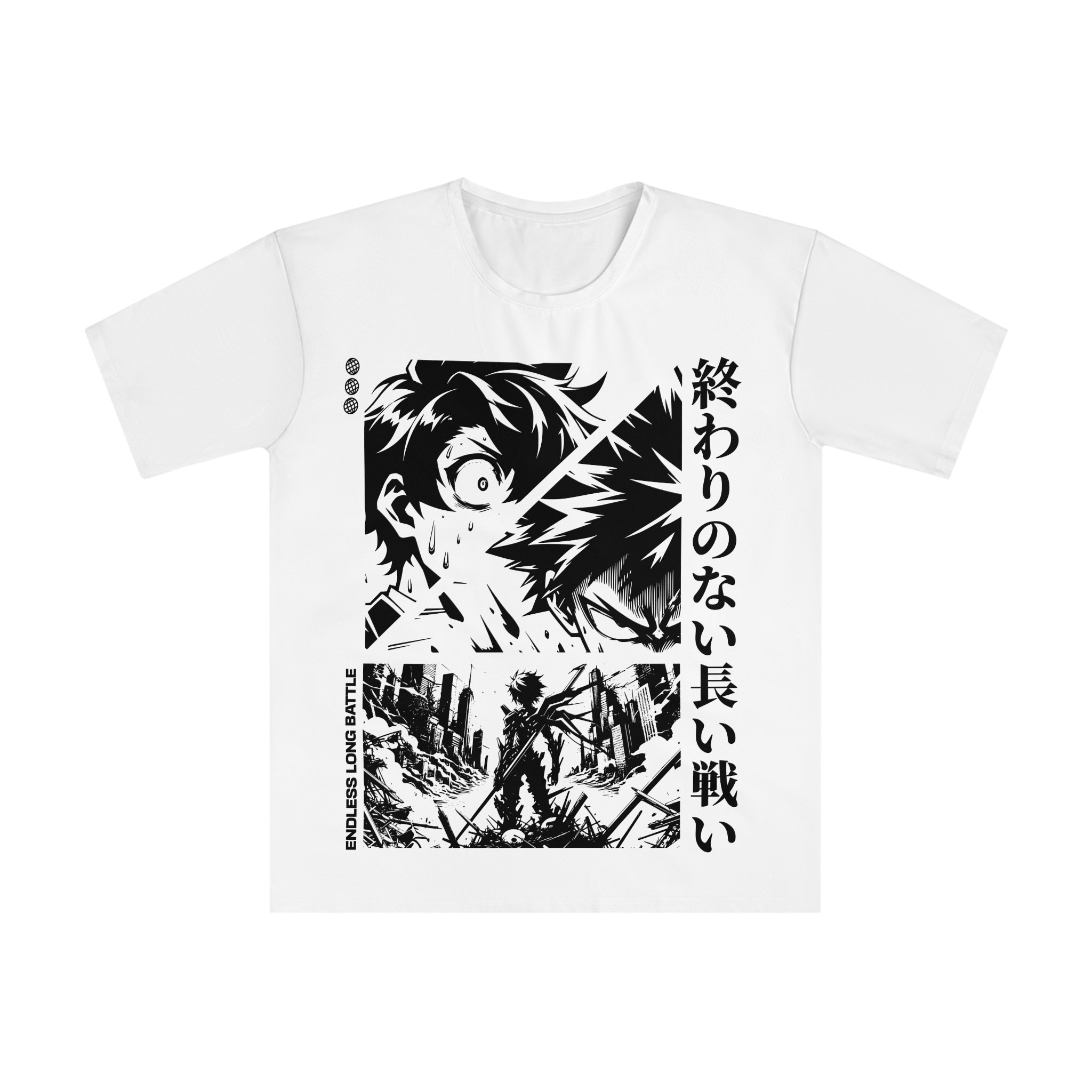 Christmas White , Anime Battle Graphic T‑Shirt  "Endless Long War" Japanese Text