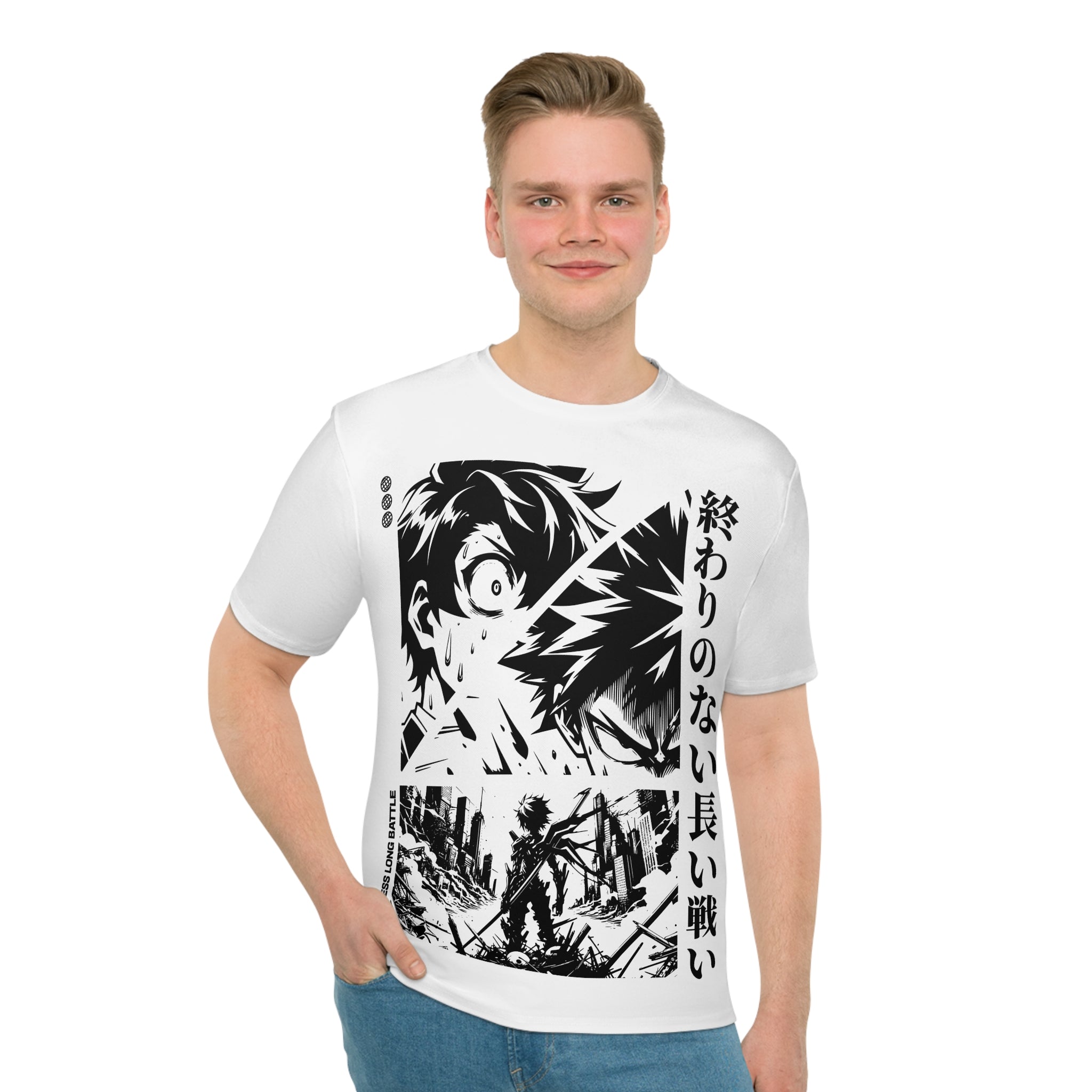 Christmas White , Anime Battle Graphic T‑Shirt  "Endless Long War" Japanese Text