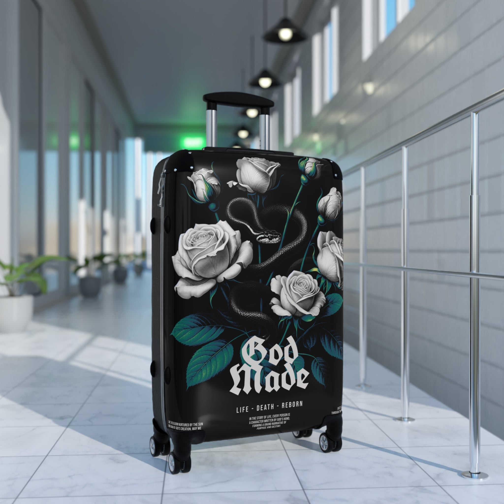 Rolling Suitcase — Gothic White Roses “God Made” Carry-On Luggage