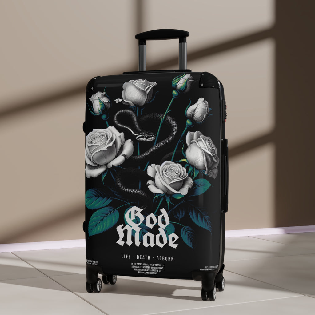 Rolling Suitcase — Gothic White Roses “God Made” Carry-On Luggage
