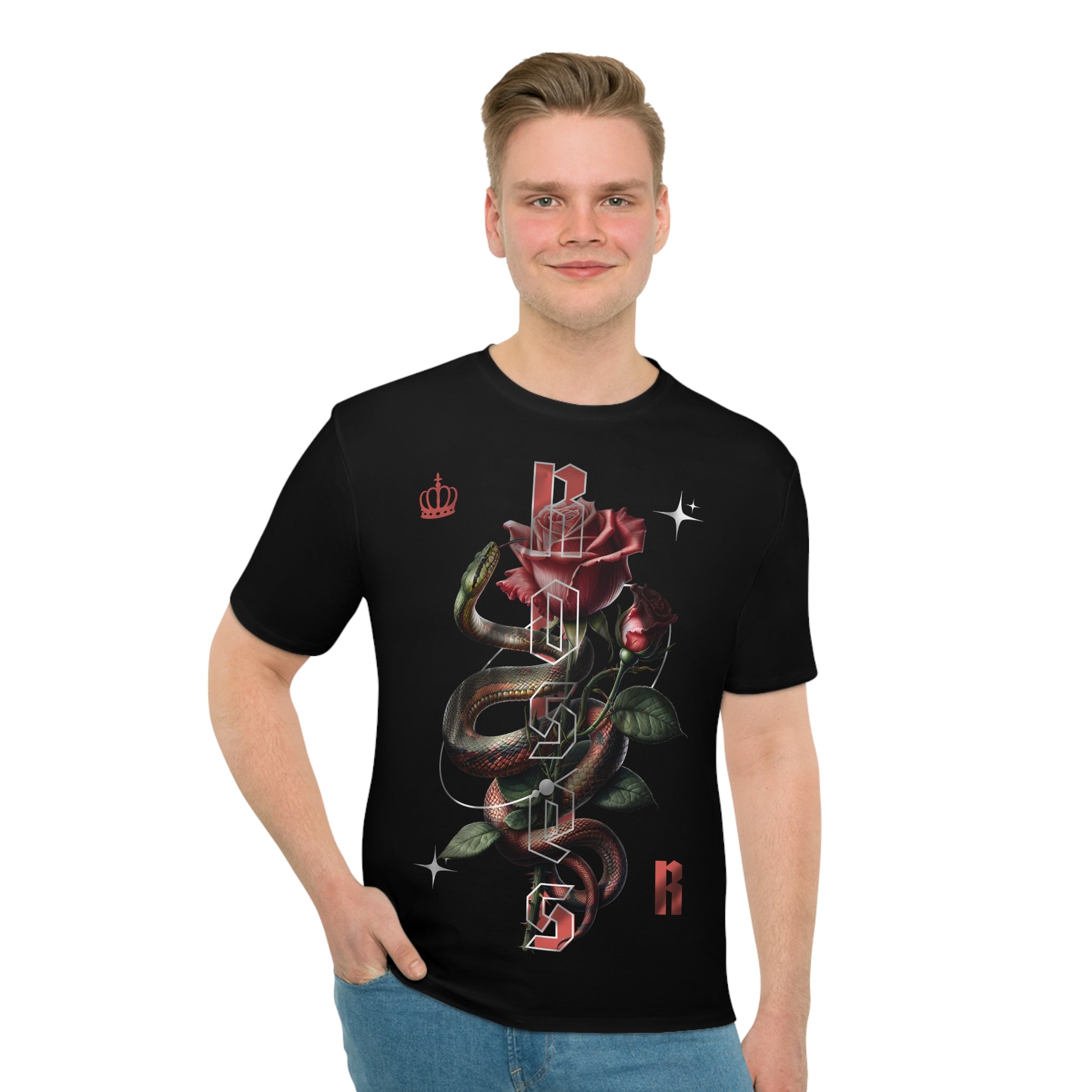 Black Snake & Rose Graphic T-Shirt Gothic Streetwear Tee with Crown Accent